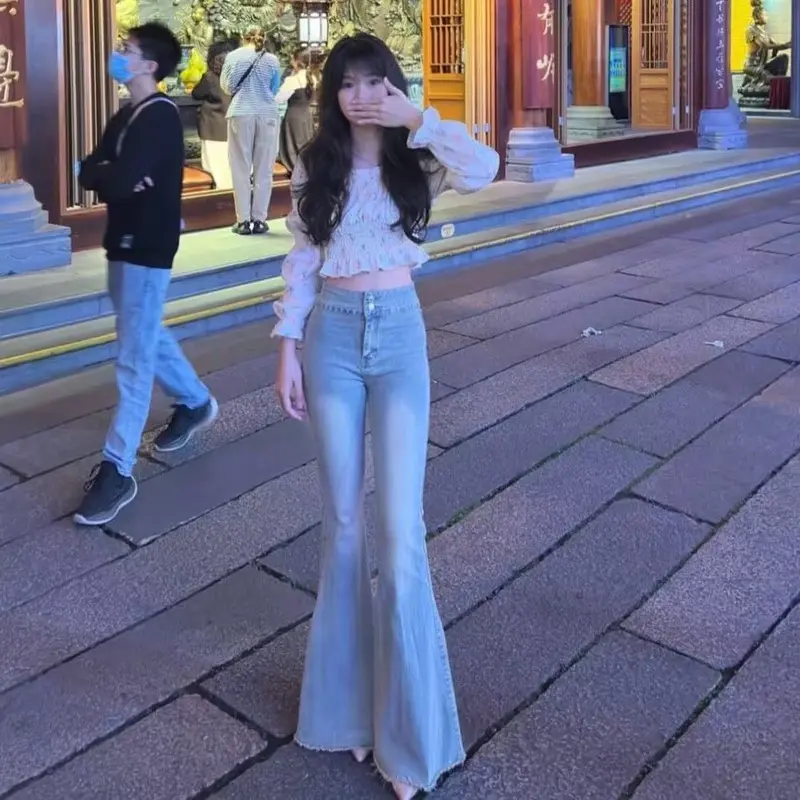 Quần Dài Jean Ống Loe, Màu Sáng Phong Cách Cổ Điển Cạp Cao Dành Cho Nữ, Hàng Mới Về Mùa Thu, Thiết Kế Cạnh Thô Đã Giặt, Bó Sát Vừa Vặn, Quần Móng Ngựa 0