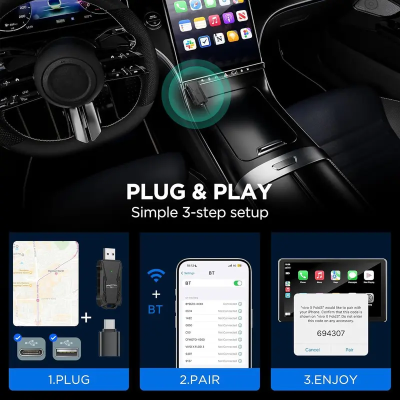 Wireless Car Adapter, Car Wireless Adapter, Plug & Play Car Adapter, Compatible with iPhone & Android, Support Car Original Control 6