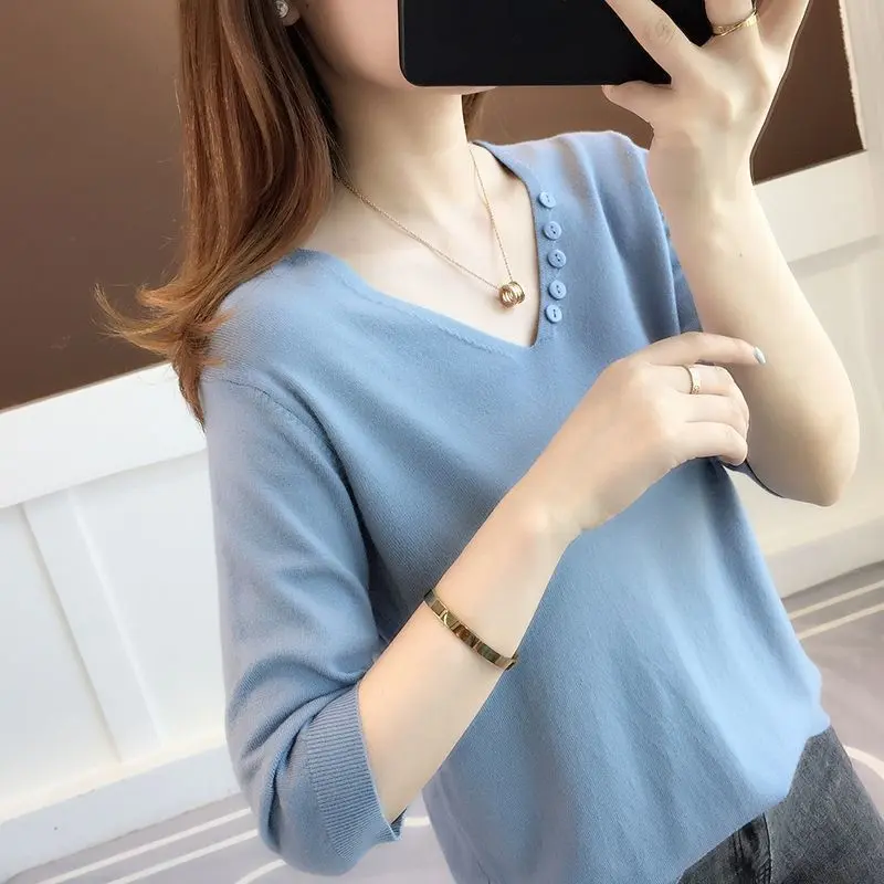 Áo Len Dáng Rộng Phong Cách Preppy Hàng Mới Về Mùa Xuân / Mùa Hè Năm 2024, Áo Điều Hòa Cho Nữ, Áo Chui Đầu Cổ Chữ V Có Cúc, Dệt Kim, Tay Lửng Áo, Mỏng