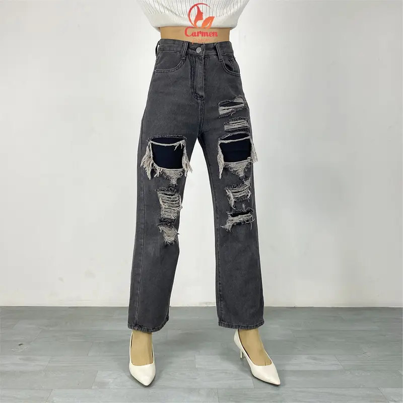 Celana Jeans Wanita Sobek Pinggang Tinggi Pants Kulot Kekinian