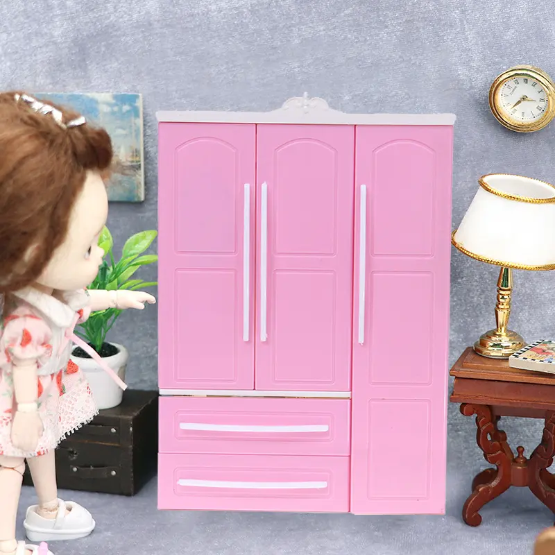 Tủ quần áo hiện đại, ba cửa, màu hồng, dành cho búp bê, đồ nội thất, quần áo và phụ kiện, thích hợp cho đồ chơi