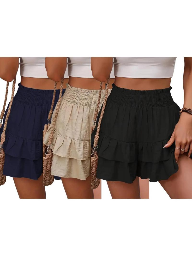 Product Introduction of Women's Frill Trim Ruffle Hem Shirred High Waist Shorts, Casual Tiered Layer Shorts for Fall, Ladies Bottoms for Daily Wear, Downtown Girl Clothes 12