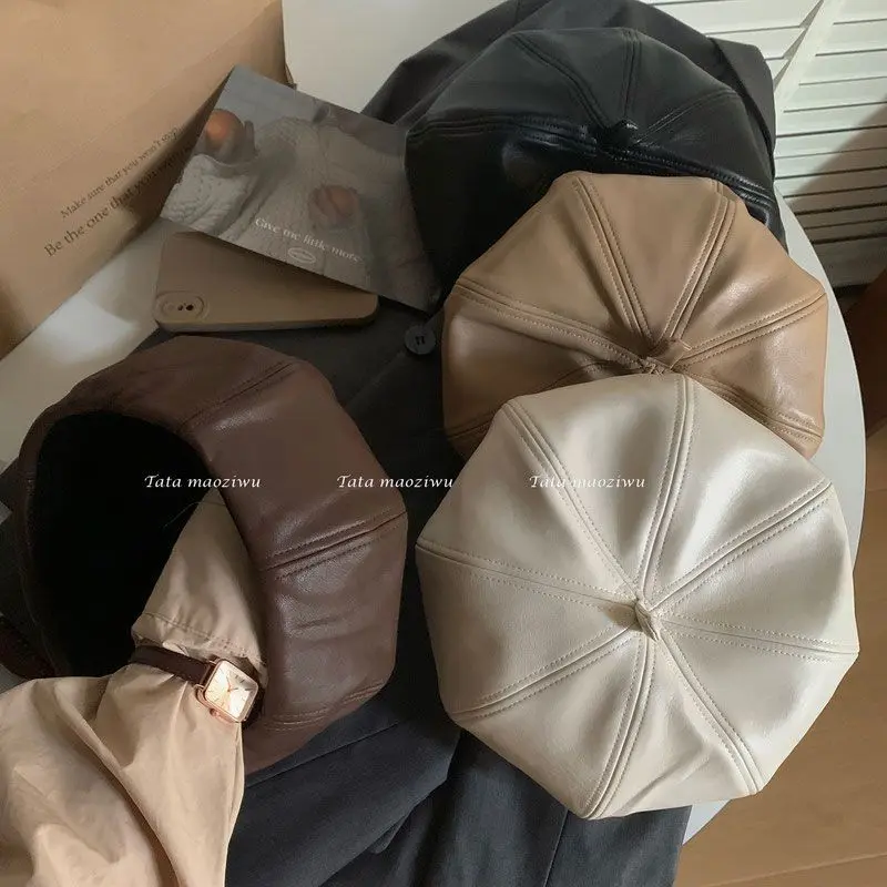 Mũ Nồi Da PU, Phong Cách Hàn Quốc, Dành Cho Nữ, Mũ Bát Giác Dễ Phối Đồ Phong Cách Nhật Bản, Mũ Họa Sĩ Cổ Điển Làm Cho Khuôn Mặt Trông Nhỏ Hơn, Thích Hợp Cho Mùa Thu Và Mùa Đông, Năm 2024