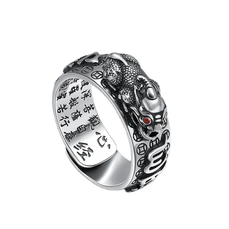 Nhẫn Ruby Tỳ Hưu, Bạc Cổ Điển Dành Cho Nam, Thiết Kế Xuyên Thấu Trái Tim, Được Chuyển Đồng Tiền Xu Đồng, Nhẫn Mở, Phong Cách Sinh Tồn, Độc Đoán, Nhẫn Nam 3