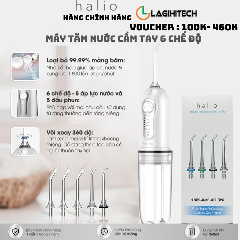 Sét 4 Đầu Tăm Và Máy Tăm Nước Cầm Tay Halio Professional Cordless Oral Irrigator Halio - Hàng Chính hãng Bảo Hành 12 Tháng