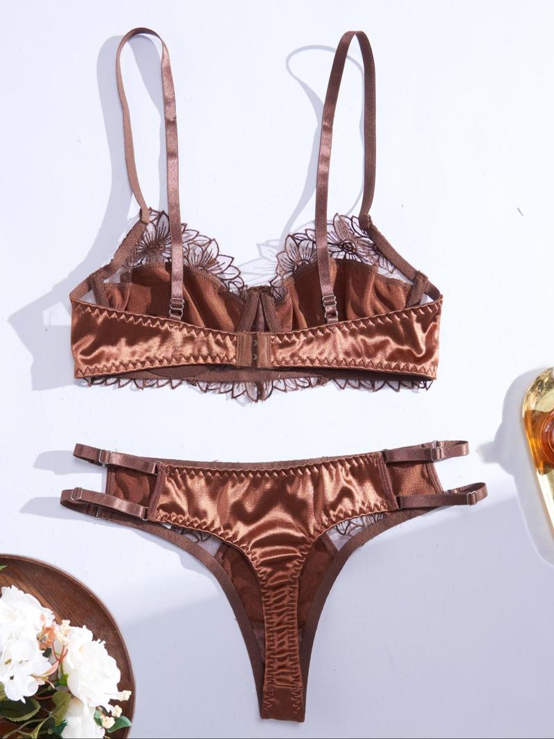 Product Introduction of Women's Plain Floral Embroidery Sheer Bra & Thong Lingerie Set, Adjustable Strap Bra & Panty Set, Lingerie Set for Women Womenswear Comfort 2