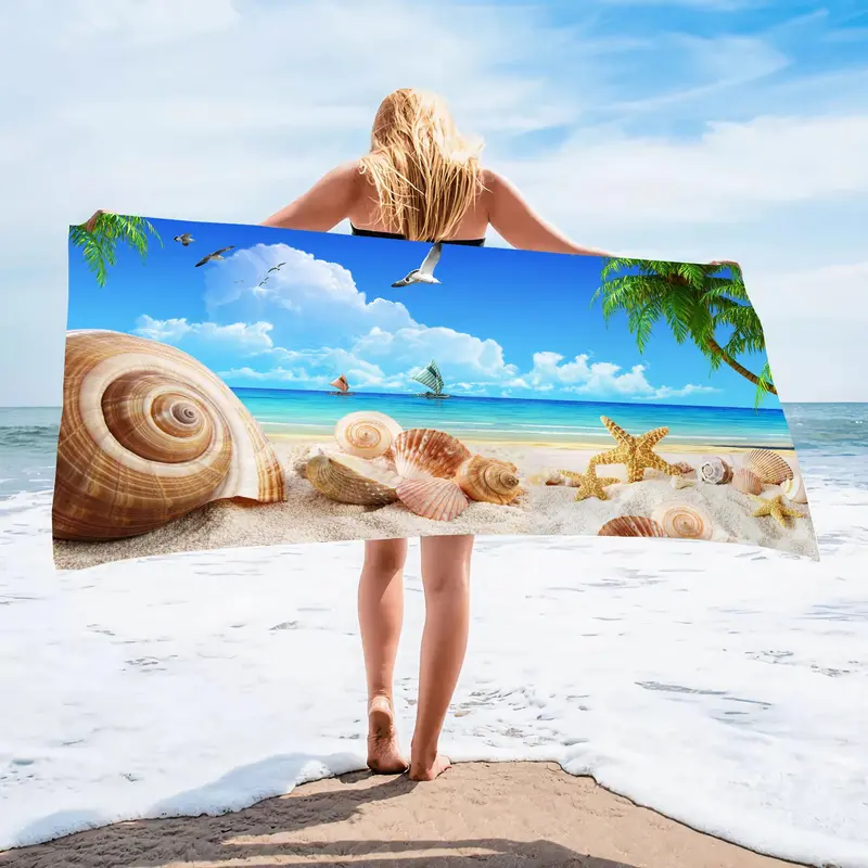 Starfish & Beach Pattern Beach Towel, 1 Count Quick Drying Beach Towel, Soft Absorbent Towel for Home Bathroom Beach Vacation 3