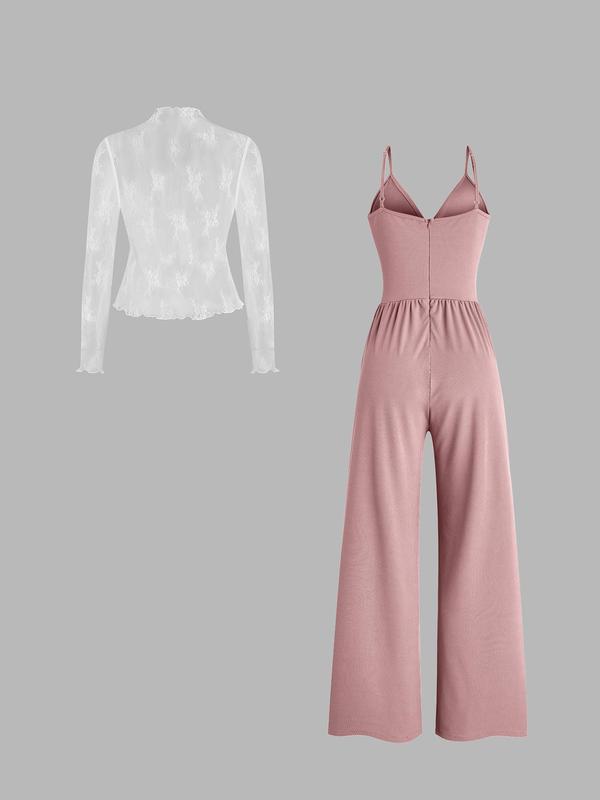 Two-piece Set Women's Solid Color Lettuce Trim Mock Neck Sheer Lace Top & Pocket Wide Leg Cami Jumpsuit, Travel, Elegant Fashion Casual Two Piece Outfits for Daily Outdoor Wear, Women Clothes for Spring & Fall 5