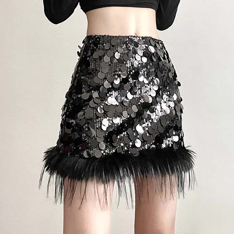 Club Skirt Cool Girl Style Personalized Sequin Design Plush Stitching Skirt Women's Slimming High Waist Fashion Hip Skirt Womenswear Bottom