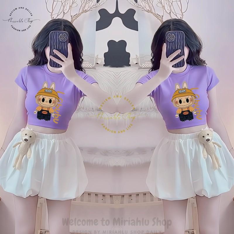 Product Introduction of Áo Thun Nữ Croptop Borip Basic Ôm Body In Hình Labubu Cam Nón, MLS237, Nữ Women Top Voi Dáng Ngắn Cổ Tròn Sọc Sò 40