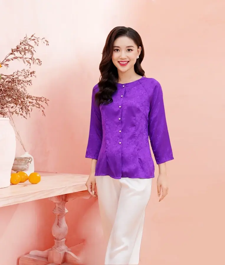 áo bà ba gấm nút ngọc tay dài cổ tròn ( Áo lẻ, quần lẻ )