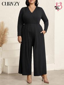 CURVZY Plus Size Solid Color V Neck Jumpsuit, Casual Comfy Wide Leg Jumpsuit for Spring & Fall, Women's Clothing for Daily Wear