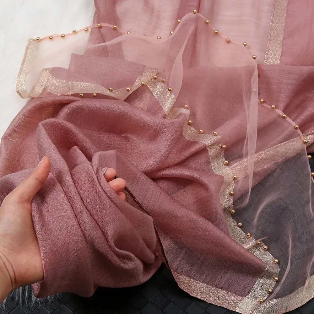Bead Silk Scarf Long Large Women Hijab Shawls Turban Headband Thin Organza Scarf Girl
