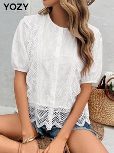 YOZY Women's Plain Lace Trim Blouse, Casual Short Sleeve Top for Summer, Women's Clothing for Daily Wear