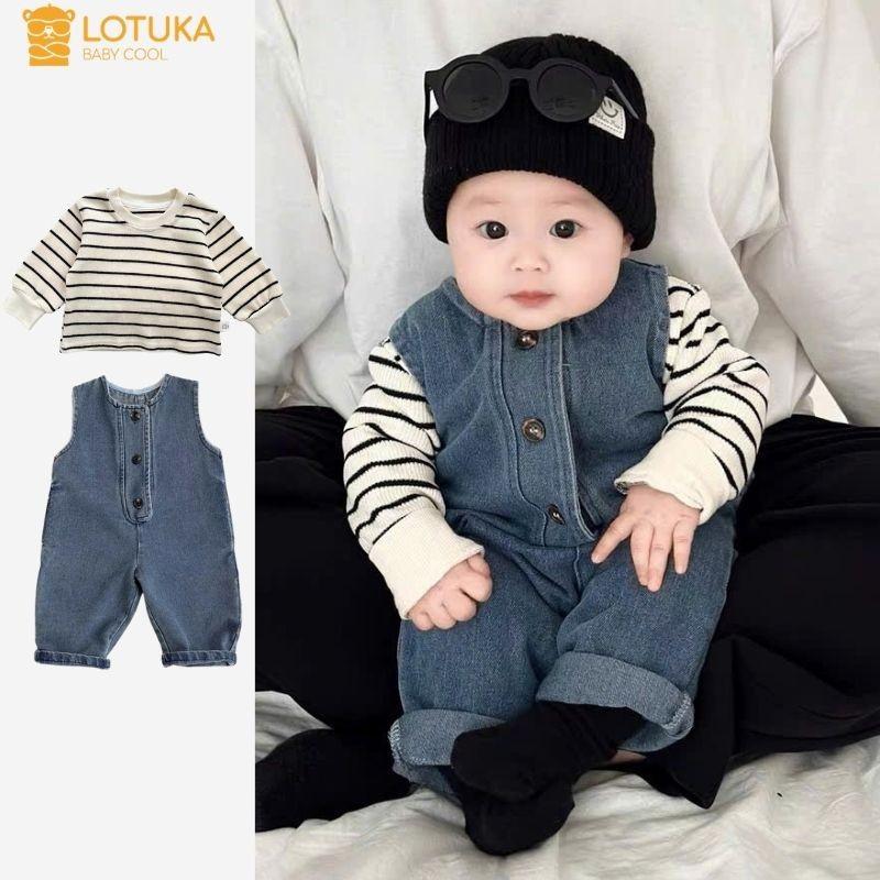 Set Yếm Jean Dài Cổ Trụ Kèm Áo Tăm Kẻ LOTUKA Cho Bé Gái Bodysuit Cho Bé Quần Áo Trẻ Em Thu Đông Size 3-12kg