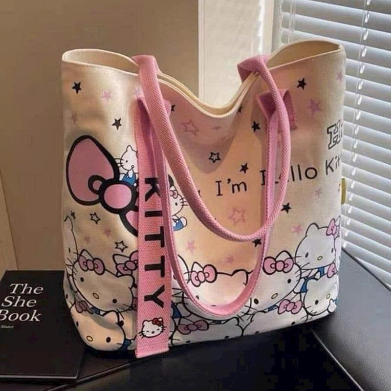 Túi Tote Đeo Vai Hoạt Hình HelloKitty Có Khoá Kéo Đựng Sách Vở,Phụ Kiện Chất Liệu Vải Canvas Phong Cách Dễ Thương Size 37x33x4Cm