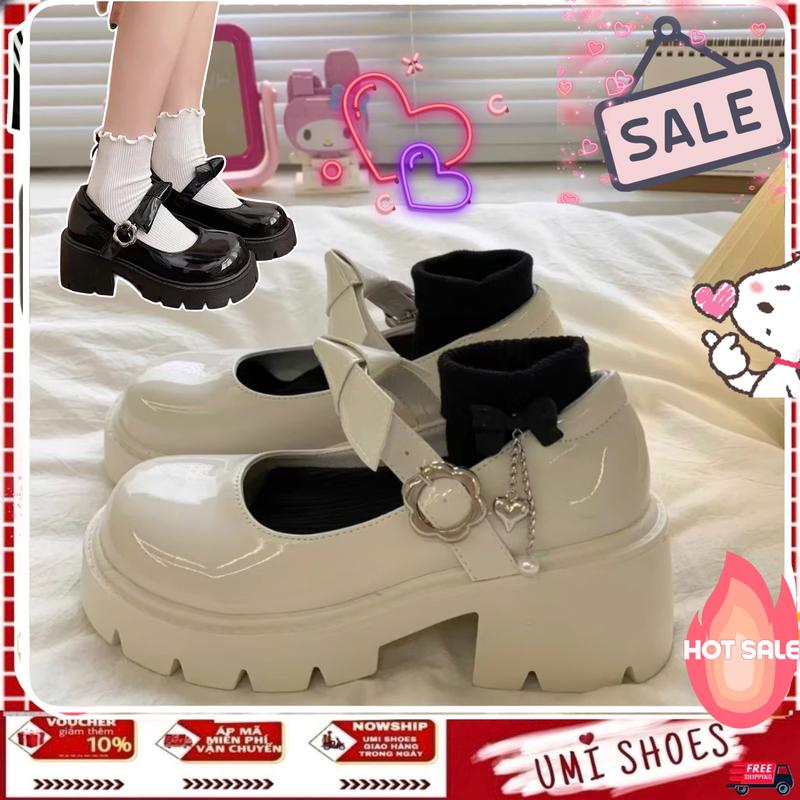 Giày LOLITA BÔNG đế cao 6p mary jane Nữ Da Bóng MÀU ĐEN KEM ulzzang phong cách Hàn quốc mary cá tính năng động Shoes
