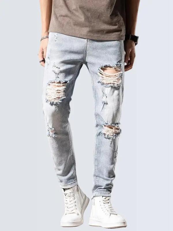 Quần jean dài nam màu xanh nhạt rách chất bò có co dãn nhẹ QA47 kiểu form dáng skinny mới Menswear Pants Có Túi