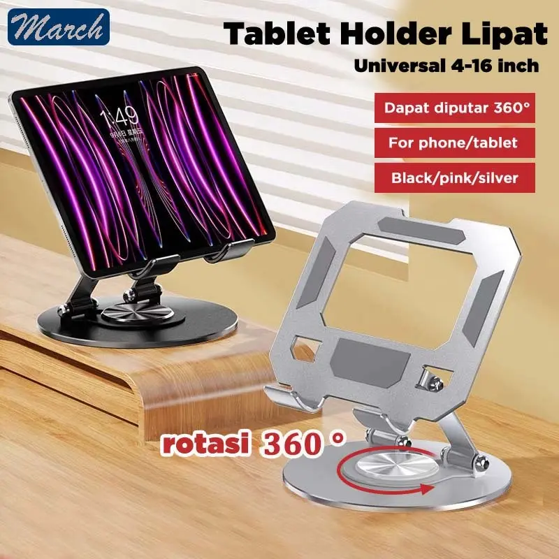 Tablet Stand Holder iPad Rotation 360Aluminium Dudukan Tab Desktop Height Adjustable Penyanggah Meja Standing Kasir Rotasi Putar 360 Derajat Foldable