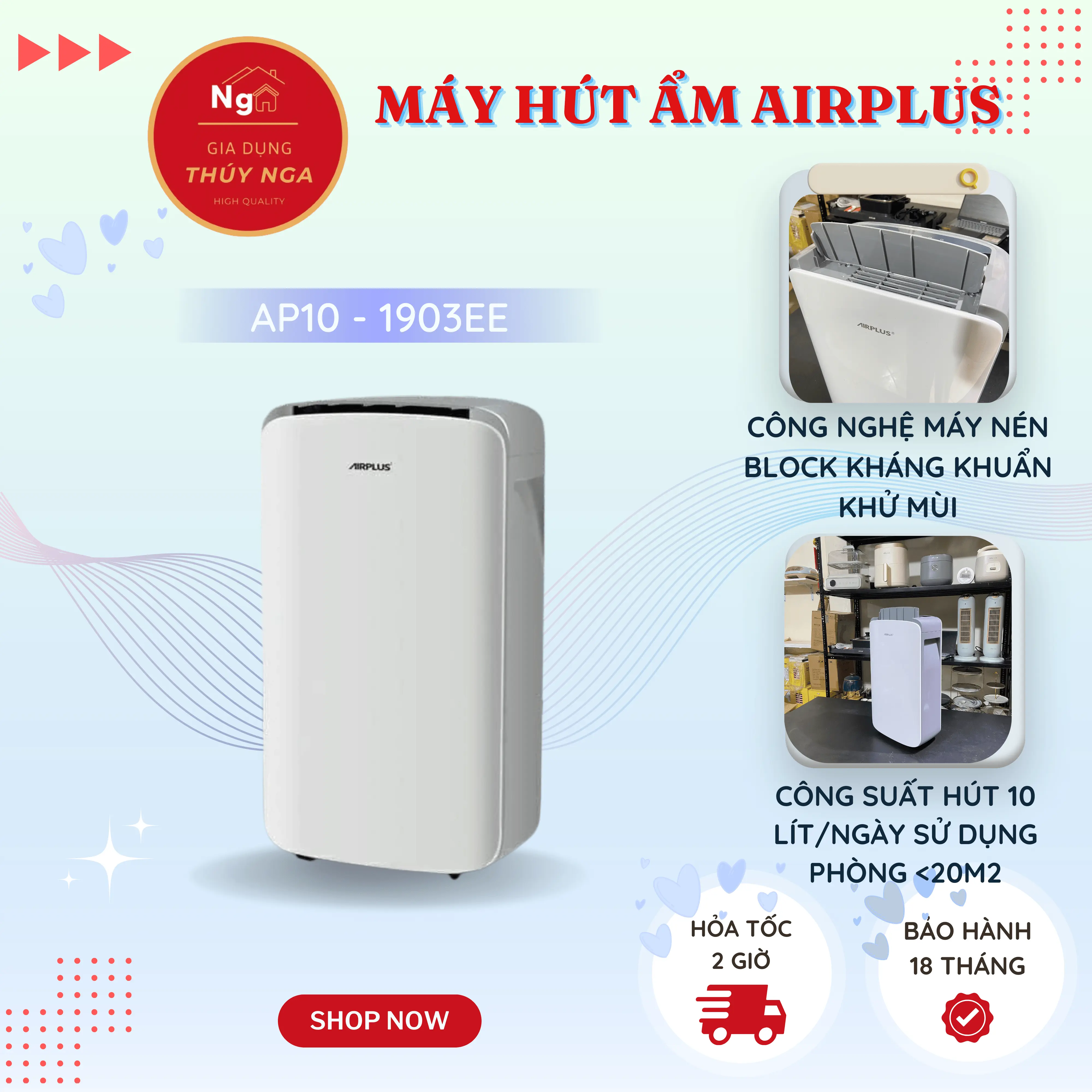 [SẴN MÁY ĐÓN MÙA NỒM] Máy hút ẩm thông minh AIRPLUS AP10 thương hiệu Mỹ nhập khẩu, công nghệ máy nén Block kháng khuẩn khử mùi sử dụng không gian 20m2