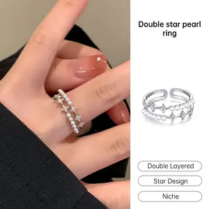 【lingerly】Cincin Mutiara Bintang Berlapis Ganda Wanita Cincin Terbuka Pribadi Modis Cincin yang Dapat Disesuaikan