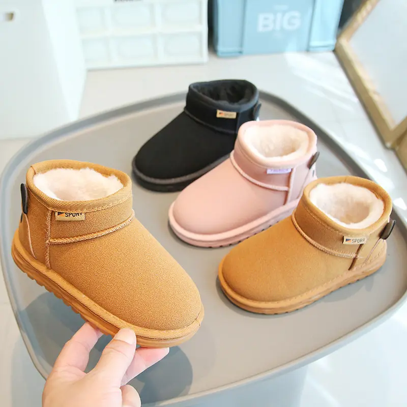 Children's Snow Boots 2024 Winter Boys' Cotton Boots Fleece-lined Thickened Girls' Short Boots Matte Leather Medium and Large Children's Cotton Shoes