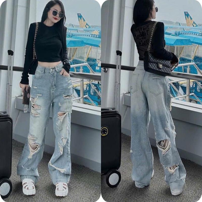 S-XL Quần Jean Suông - Quần Jean Ống Rộng Mẫu Rách Phá Cách Kèm Loang Màu Lưng Cao Ôm Eo QC HYDI Jeans FullSize S M L XL quần bigsize - J620