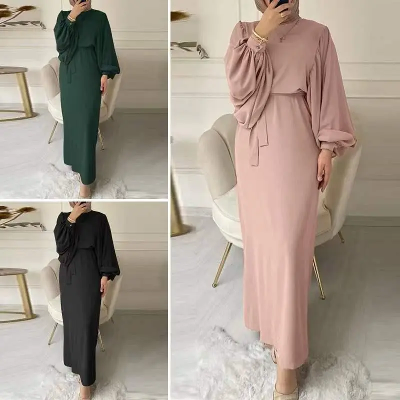 2024 autumn new Muslim fashion lantern sleeve waist hip round neck long sleeve women's dress