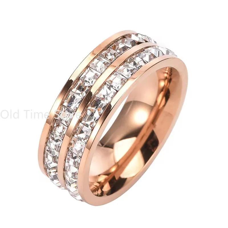 Hot Sale Double Crystal Woman Fashion Ring Rose Gold Color Filled Titanium Steel Rings for Women Female Fine Jewelry 6