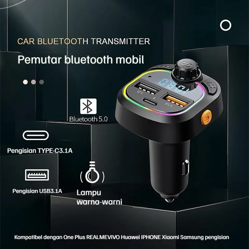 [OTTO]C28 Car Charger Mobil 3 Port Fast Charging USB Chargers FM & MP3 Bluetooth Transmitter Hitam Led Logam Ponsel Handphone Pengisi Wireless 4