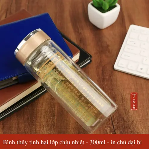 Bình Nước Chú Đại Bi 300ML - Bình Nước Thuỷ Tính 2 Lớp Giữ Nhiệt - Pháp Bảo Phật Giáo - Mật Tông 1
