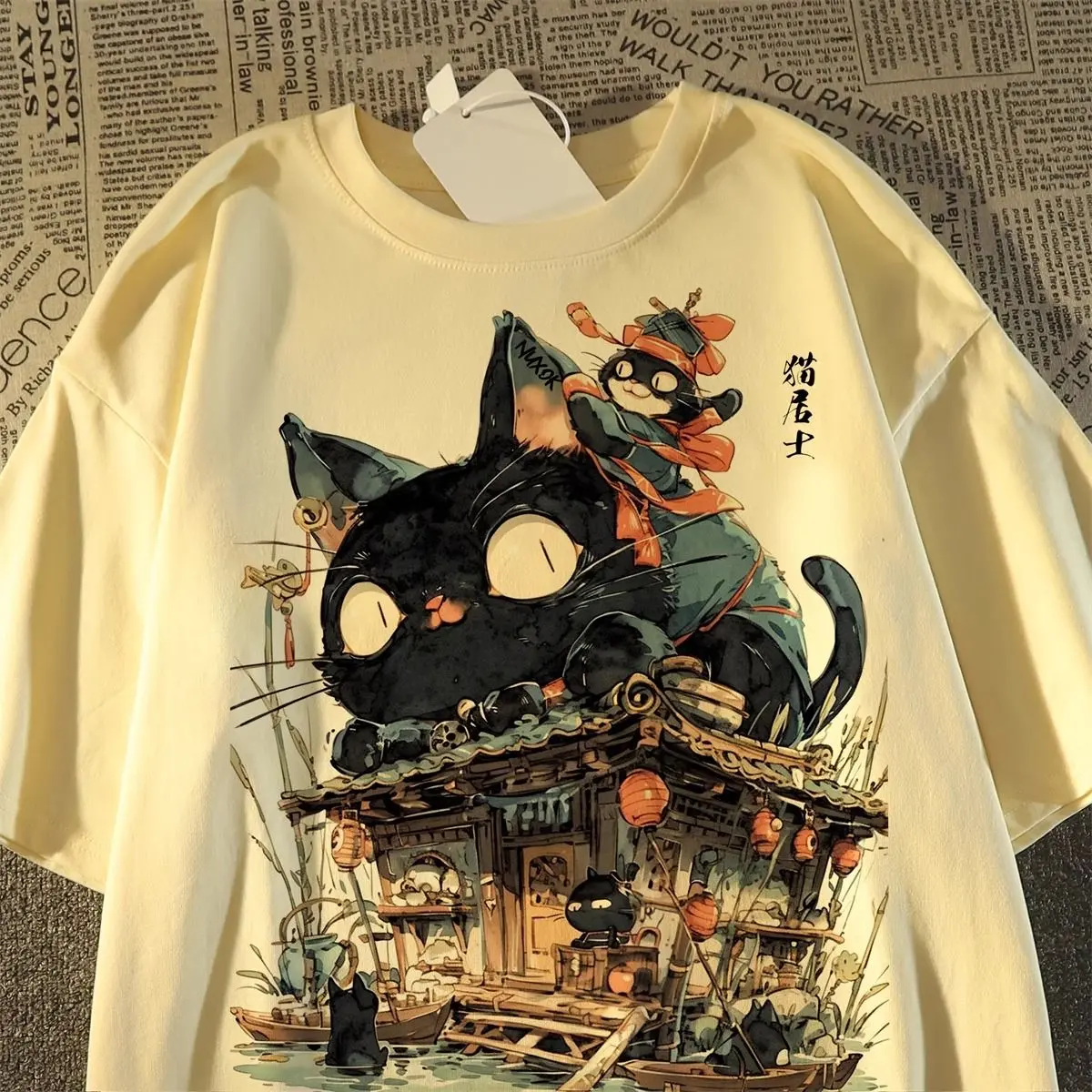Áo Thun Ngắn Tay In Hình Mèo Con Hoạt Hình Cổ Điển Mỹ, Dành Cho Nam Và Nữ, 100% Che Phủ Thân Áo, Thời Trang Trung Quốc Đường Phố Cao Cấp, Dáng Rộng Vừa Vặn, Áo Tay Lửng