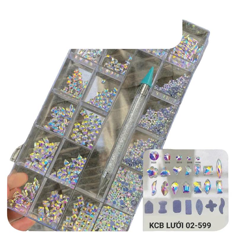 Khay Khoảng 1375 Viên Đá Chân Lưới K9 Cao Cấp, Khay Gồm 375v Đá Mix Hình và Khoảng 1000v Đá Tròn Đủ Size (tặng kèm Khay + Bút), Đá Đính Nail Chính Hãng Angelica, KCBL-599 Sơn Gel Nữ Làm Nail