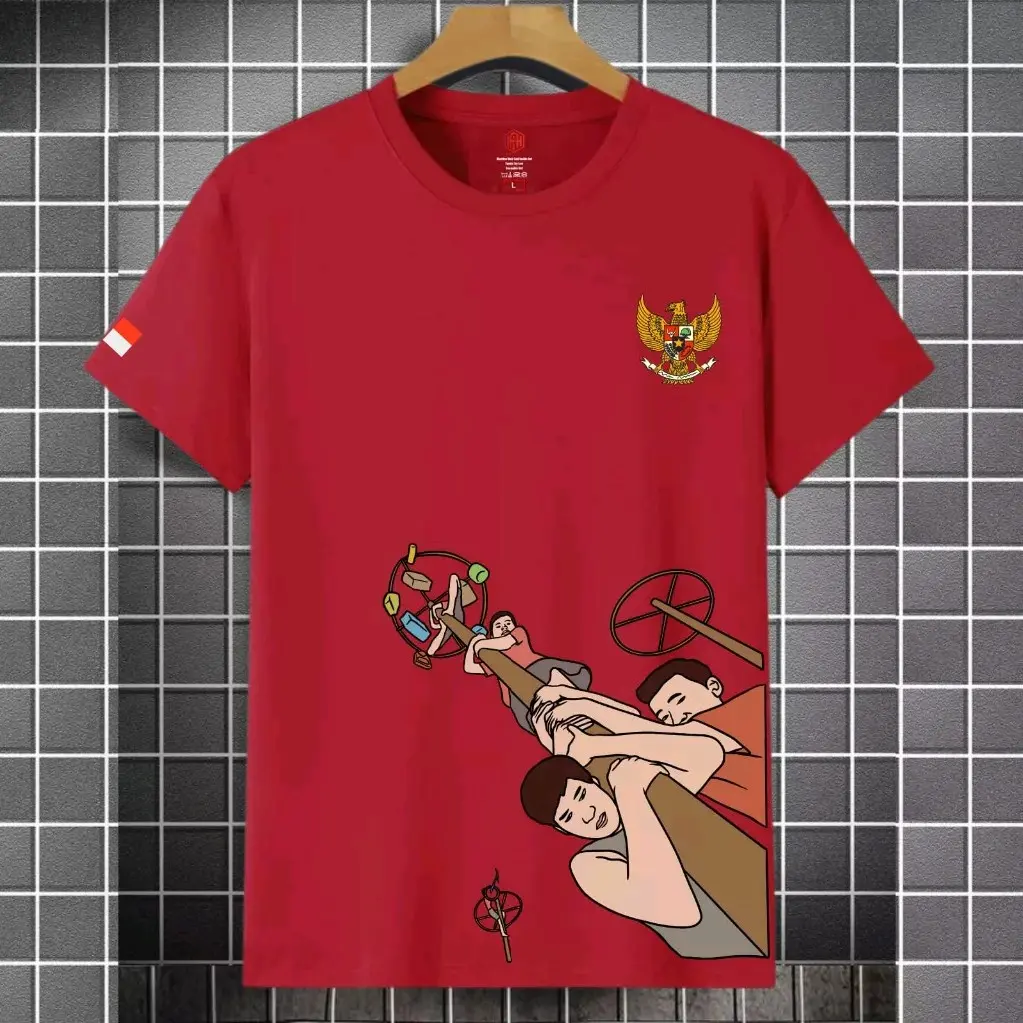 Kaos Distro cotton combat Kemerdekaan kaos panjat pinang Katun Santai Hitam Putih Kain Lembut pria/wanita cowok  keren