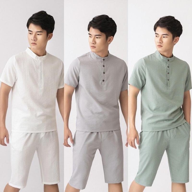 Bộ quần áo đũi nam cộc tay_ Bộ áo cổ tàu 5 màu size 45-80kg Menswear Có Túi Kem
