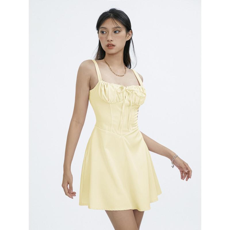 Product Introduction of SUPER-Women Summer Solid Color Tie-Up Fishbone Corset Waist Shaping Sleeveless Short Dress 32