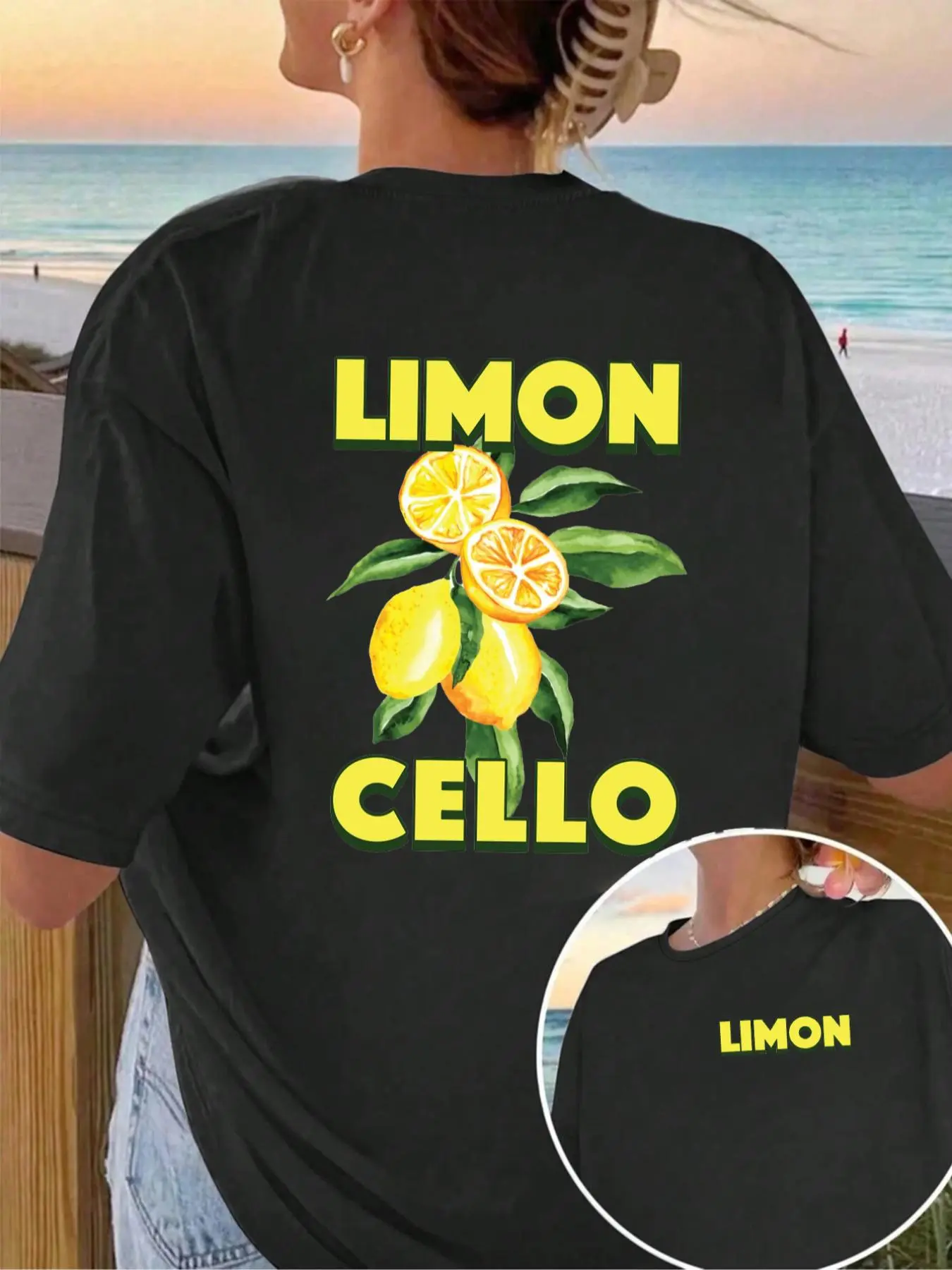 【Plus Size】 Lemon Print Round Neck Tee, Casual Short Sleeve Crew Neck T-Shirt for Summer, Women's Plus Clothing for Daily Wear, Top