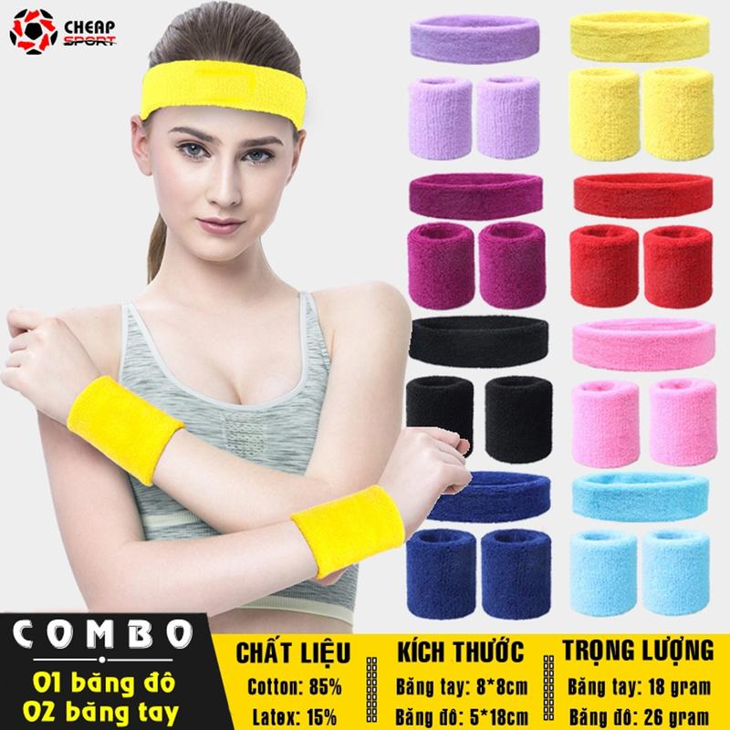 Combo 02 Băng Cổ Tay 01 Băng Đô Thể Thao HeadBand Nam Nữ Thấm Mồ Hôi Chạy Bộ Bóng Rổ Đạp Xe Yoga Gym