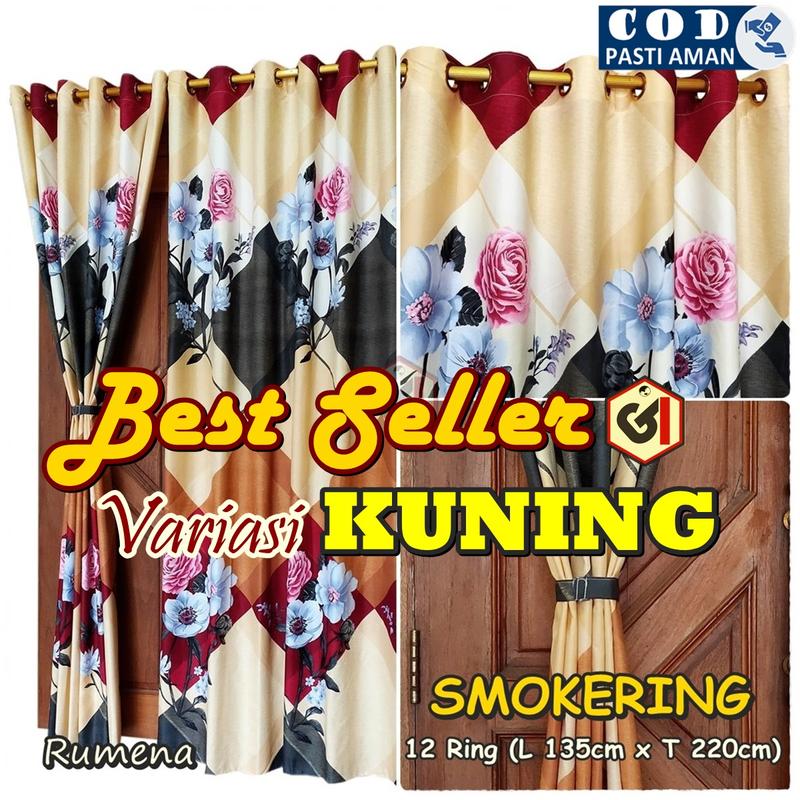Gorden Pintu Murah Hordeng Jendela Panjang untuk Ruang Tamu atau Kamar Tidur model Smokring 12 Ring Warna Gold Kuning Kain Katun 5