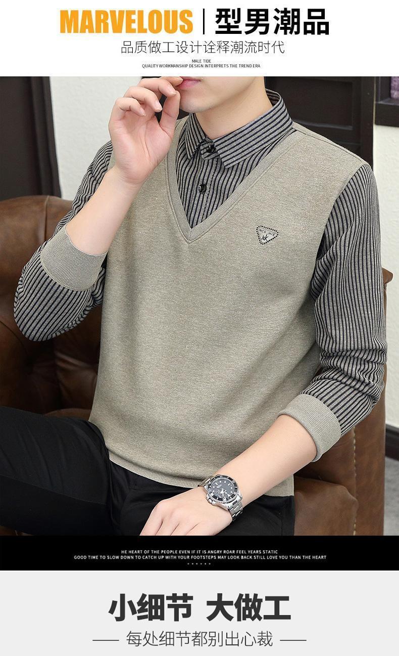 Product Introduction of 2024 Winter Fleece-lined Thickened Integral Velvet Sweater Men's False Two Pieces Knitted Sweater Youth Pu Handsome Men's Shirt Nam Slipper 4