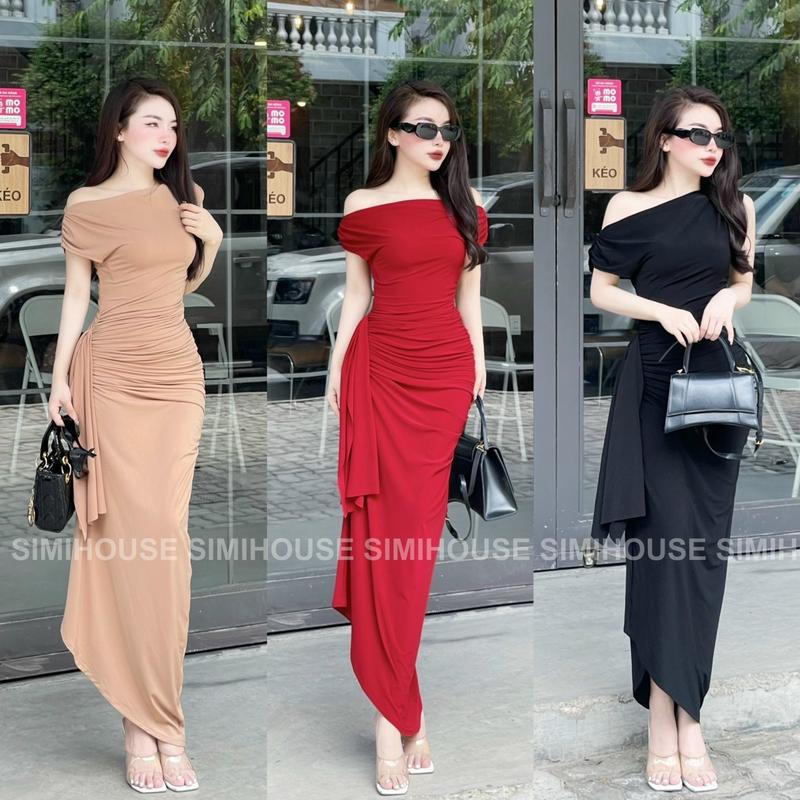 VÁY BODY LỆCH VAI RỦ TÀ / Đầm body tiệc thiết kế nhíu rủ tà chất ladong sang trọng Women Dress Nữ 0