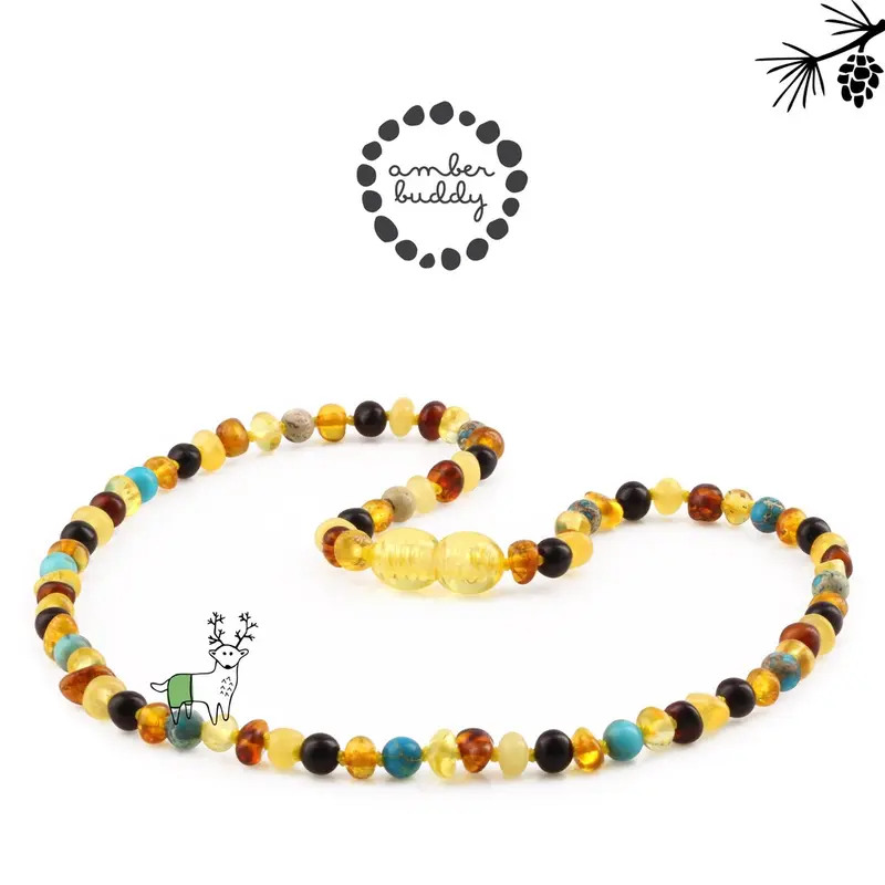 Amber Buddy - JN96 Kalung Amber dengan Lake Blue Imperial Jasper & Tridacna Shell untuk Junior. 38 cm [ FREE BANGLE ] 2