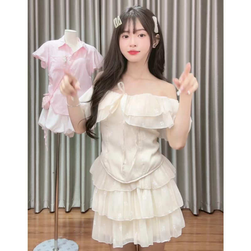 XẢ KHO NGHỈ BÁN (KÈM MÚT) Set Áo kiểu nữ kèm chân váy chất voan tơ mềm có lớp lót thêu hoa nổi 4 màu Hàn Quốc Kozoda S181 3