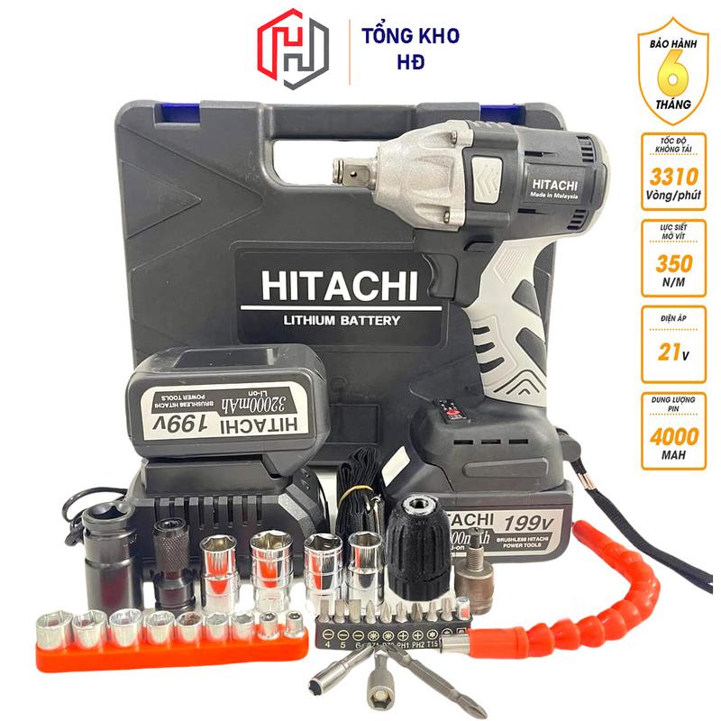 Máy Siết Bulong Hitachii 199V, Khoan Pin, Bắn Vít, Siết ốc KHÔNG CHỔI THAN, Loại 2 PIN