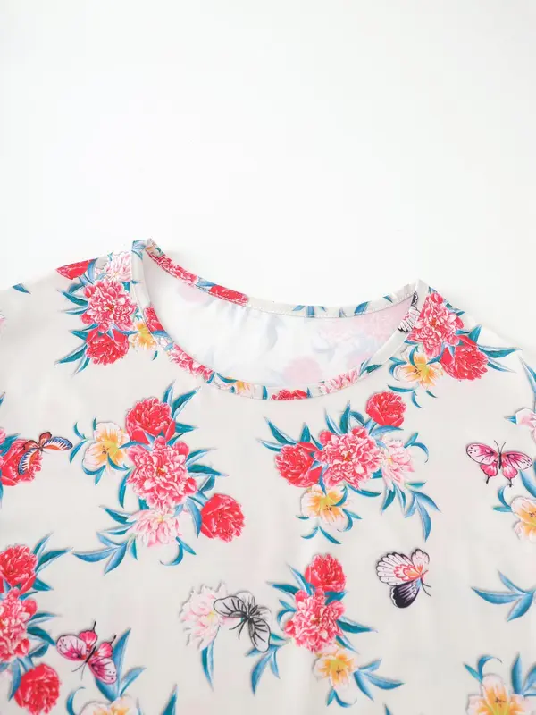 Plus Size Women's All Over   Floral Print Lettuce Trim Nightdress, Loose Casual Soft Comfortable Round Neck Short Sleeve Nightgown for Women, Women's Sleepwear for Summer 2