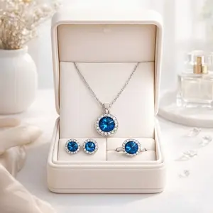 3 In 1 Perhiasan Wanita Blue Sapphire Kalung Anting Cincin Titanium Silver Aksesoris Mewah SAK-7004