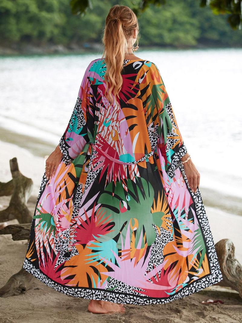 Product Introduction of Women's Boho Plants Print Kimono Sleeve Belted Kimono Coat, Summer Clothes Women, All Over Print Long Sleeve Cover Up for Women, Ladies Clothes for Summer Beach Vacation, Clothing 19