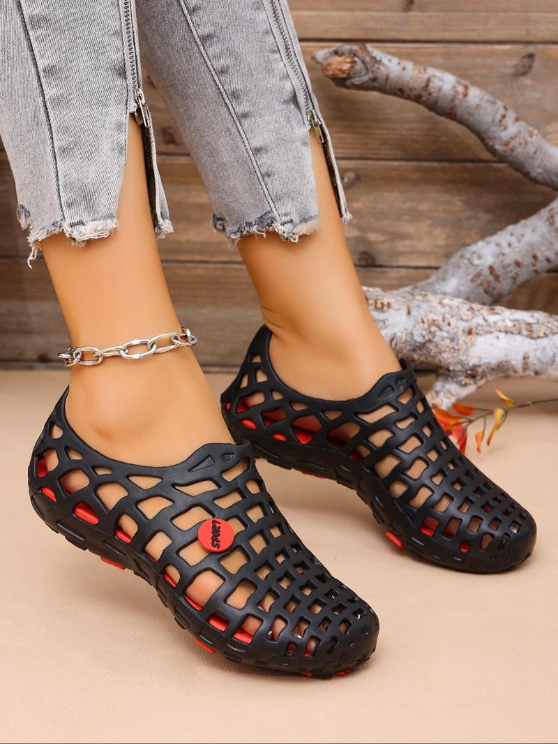 Product Introduction of Unisex Minimalist Plain Color Hollow Out Design Clogs, Casual Comfortable Soft Sole Clogs, Trendy All-match Clogs for Summer Beach Vacation, Footwear 4