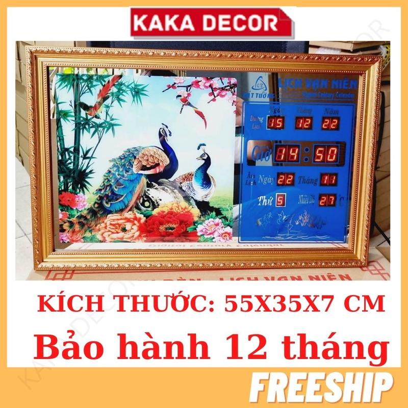 Đồng hồ lịch vạn niên điện tử cao cấp kiêm tranh treo tường phòng khách con công đồng hồ đèn led mã đáo thành công Decor Phòng Tráng Gương Trang Trí Nhà