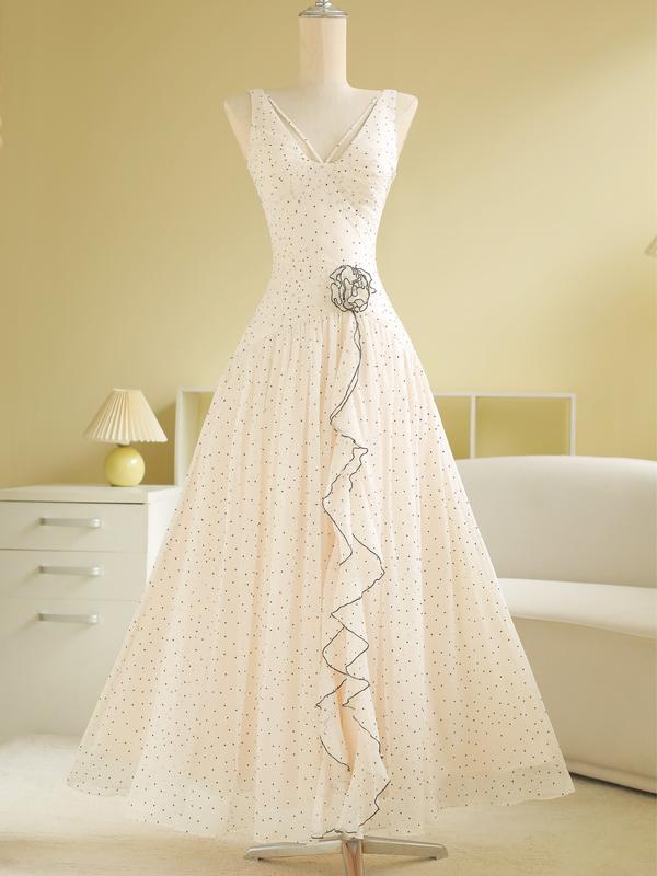 SÒ VINTAGE - ZIANA đầm maxi chấm bi dáng dài phối bèo hoa